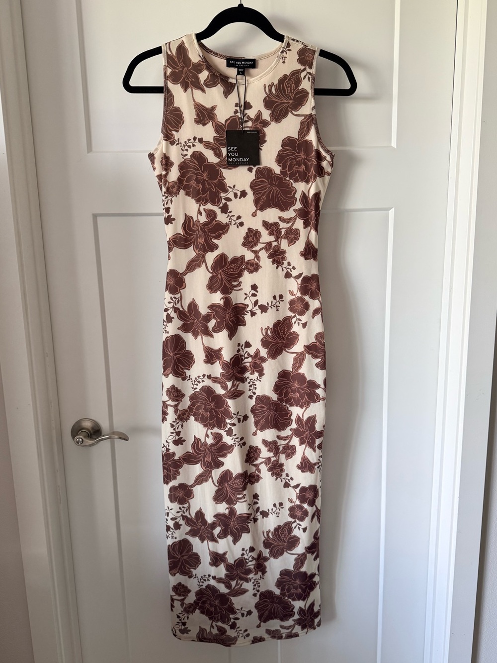 See You Monday Cream Dress with Brown Floral Print Size Large NWT